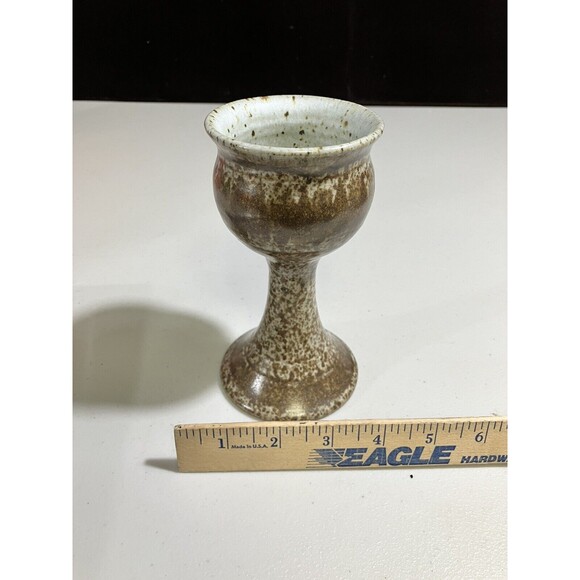 Earthen Colored Stoneware Wine Goblet Handmade and Hand-Glazed Signed 6.5" - Picture 5 of 5